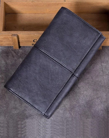 Grey Vintage Mens Bifold Leather Long Wallet Brown Long Phone Clutch Purse for Men