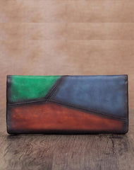 Geometric Womens Leather Long Clutch Wallet Long Wallet Colorful Bifold Long Purse for Ladies