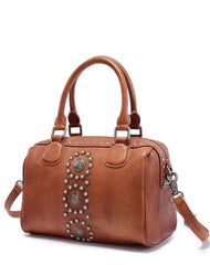 Brown Vintage Ladies Leather Rivet Boston Handbag Purse Red Shoulder Handbag for Women