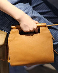 Vintage Tan Leather Womens Wooden Top Handle Satchel Handbag Women's Satchel Shoulder Bag