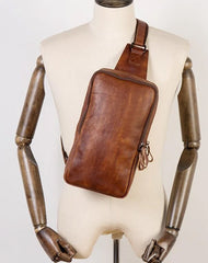 Brown Leather Mens 10 inches Sling Bag Sling Pack Casual Chest Bags One Shoulder Backpack for Men