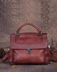 Red Vintage Leather Purse Handmade Rivet Satchel Handbag Shoulder Bags Crossbody Purses