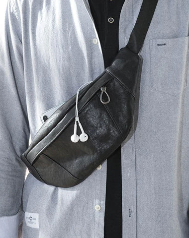 Fashion Black Leather Mens Chest Bag Sling Bag Black One Shoulder Backpack for Men