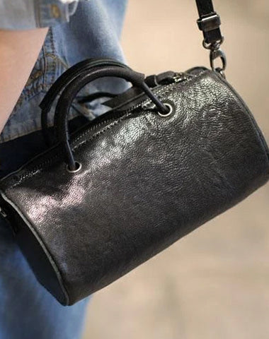Fashion Womens Small Black Leather Barrel Handbag Bucket Black Shoulder Bag Crossbody Bag Purse