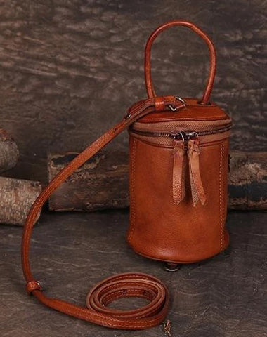 Brown Womens Leather Bucket Handbag Womens Barrel Purse Small Bucket Shoulder Purse