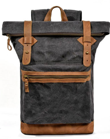 Waxed Canvas Leather Mens 15'' Hiking Green Backpack Black Computer Backpack Travel Backpack for Men