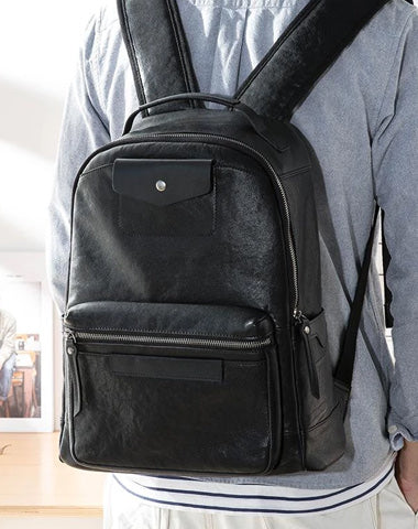 Black Fashion Mens Leather 15-inch Computer Backpacks Travel Backpacks Black College Backpack for men