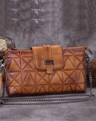 Brown Leather Geometric Womens VIntage Chain Shoulder Bag Side Bag Red Chain Clutch Purse for Ladies