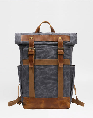 Waxed Canvas Leather Mens Waterproof Black Travel Backpack 15'' Green Computer Hiking Backpack for Men