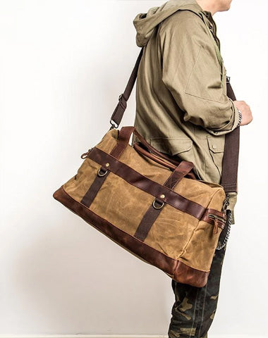 Khaki Waxed Canvas Leather Mens Waterproof Large Weekender Bag Travel Bag Luggage Bag for Men