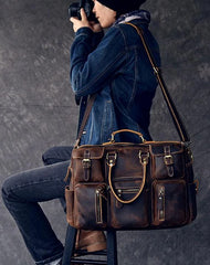 Canvas Leather Mens Womens Dark Coffee Travel Side Bag Messenger Bag Large Shoulder Bag For Men