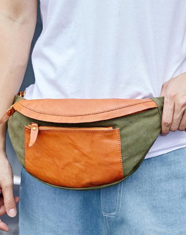 Canvas Leather Mens Caramel Waist Bag Army Green Fanny Pack Hip pack Chest Bag For Men