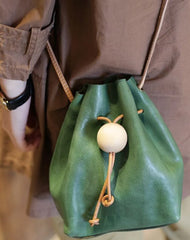 Cute Womens Green Leather Small Bucket Shoulder Bag Drawstring Green Small Bucket Crossbody Purse