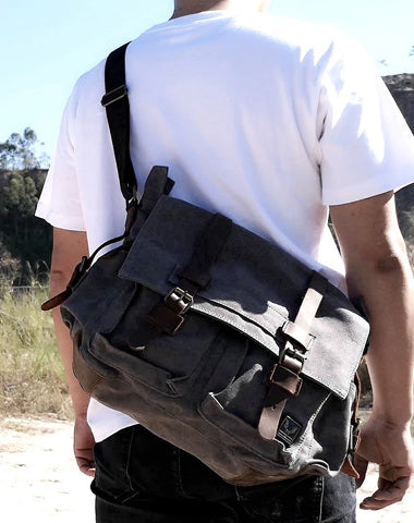 Cool Canvas Leather Mens Waterproof Black Side Bag Courier Bag Blue Messenger Bag for Men