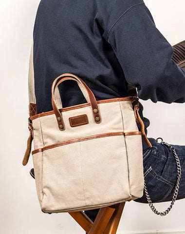 Canvas Leather Mens Side Bag Army Green 12'' Tote Postman Bag Messenger Bag for Men