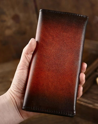 Casual Retro Leather Mens Wine Red Slim Long Wallet Light Beige Bifold Card Wallet Clutch Wallet For Men