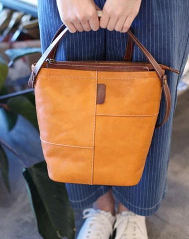 Brown Womens Leather Bucket Handbag Purse Handbag Barrel Handbag Shoulder Bag for Ladies