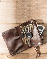 Black Leather Mens Small Car Key Wallet Dark Brown Key Holder Coin Purse Card Holder For Men