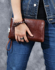 Cool Leather Mens Brown Business Clutch Bag Black Long Wallet For Men