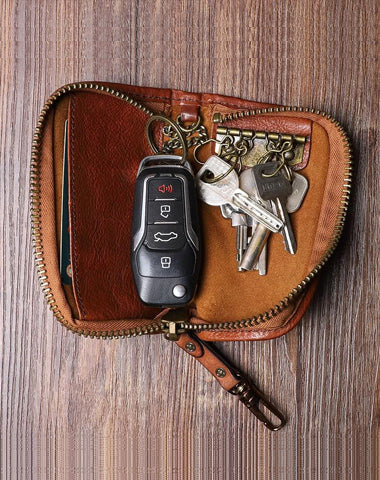 Handmade Leather Mens Small Brown Key Wallet Key Holder Black Car Key Case for Men