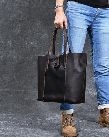 Leather Mens Womens 13" Large Shoulder Bag Vintage Coffee Tote Bag Large Side Bag For Men