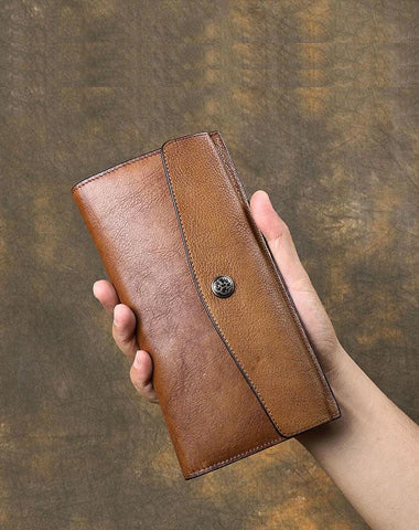 Cool Leather Brown Mens Long Wallet Envolpe Long Wallet Trifold Clutch Wallet for Men