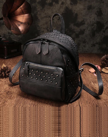 Cute Brown Leather Womens Backpacks Small Vintage Black Leather Backpack for Ladies