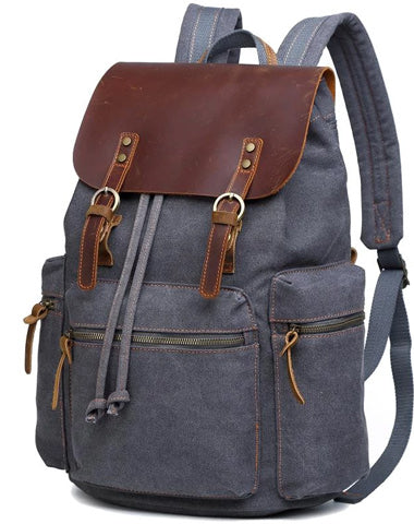 Canvas Leather Women Mens 16" Gray Travel Backpack Brown Computer Bag College Backpack for Men
