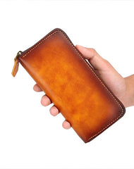 Cool Handmade Mens Brown Long Wallet Blue Bifold Card Wallet Zipper Clutch Wallet For Men