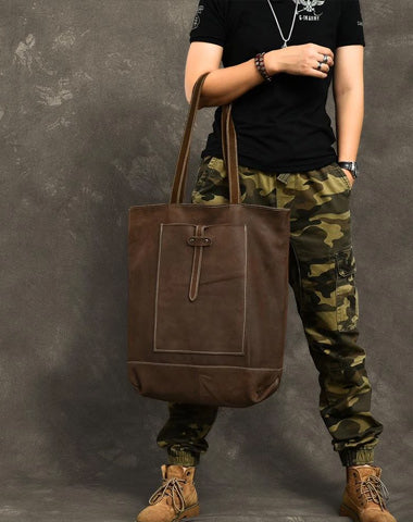 Leather Mens Womens 16" Brown Large Shoulder Bag Tote Bag Large Side Bag For Men