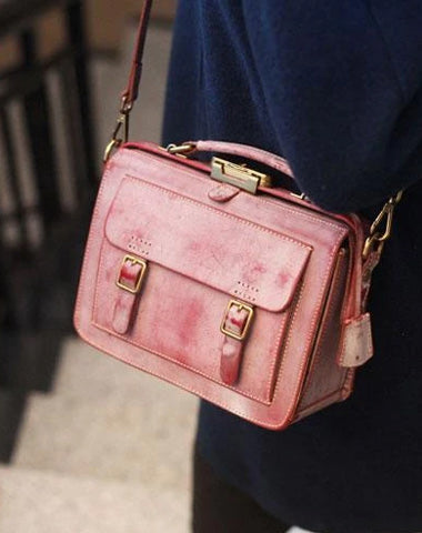 Vintage Pink Leather Satchel Handbag Women's Satchel Shoulder Bag Crossbody Satchel Purse