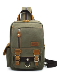 Canvas Leather Mens Mini Sling Bag Khaki Backpack One Shoulder Bag Green for Men