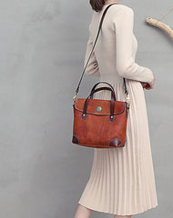 Vintage Coffee Leather Women's Shoulder Doctor Bag Leather Handbags Shoulder Work Purse for Ladies