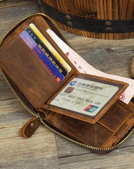 Brown Cool Leather Mens billfold Wallet Zipper Trifold Card Small Wallet for Men