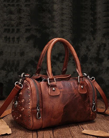 Brown Rivet Vintage Womens Leather Handbags Boston Purse Western Leather Boston Purses for Ladies