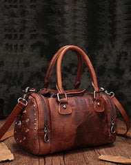 Brown Rivet Vintage Womens Leather Handbags Boston Purse Western Leather Boston Purses for Ladies