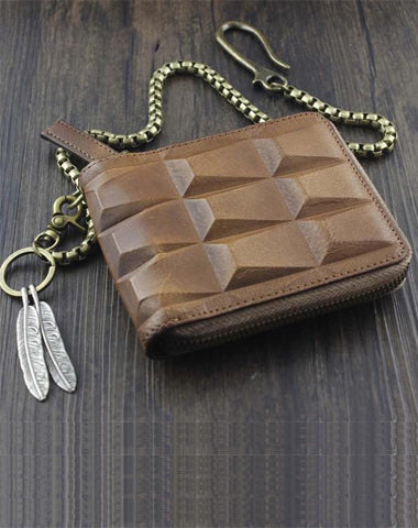 Fashion Brown Leather Men's Small Zipper Biker Chain Wallet Wallet with Chain For Men