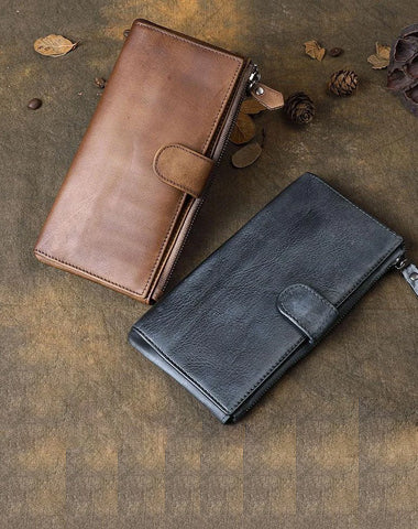 Brown Cool Leather Mens Long Wallet Phone Card Wallet Bifold Clutch Wallet for Men