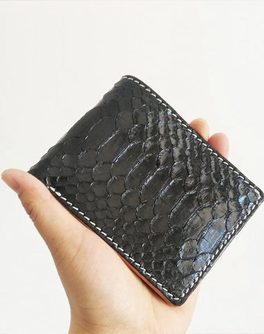 Handmade Cool Mens Black Snake Skin Small Wallet Yellow Slim billfold Wallets For Men