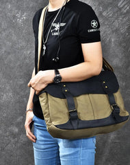 Canvas Leather Mens Army Green Postman Side Bag 14'' Black Messenger Bag Large Shoulder Bag For Men