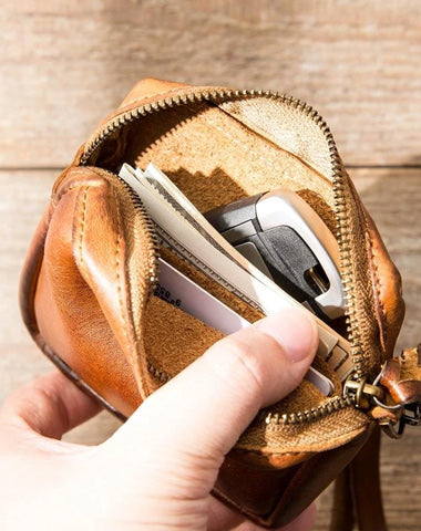 Brown Leather Mens Small Key Case Black Key Holder Coin Purse Card Holder For Men