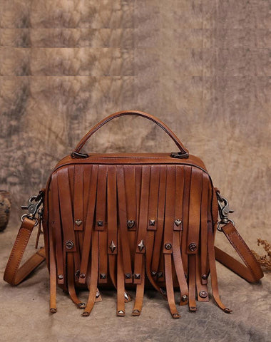 Brown Vintage Womens Leather Purse Tassel Handbag Red Shoulder Bag Crossbody Purses for Ladies