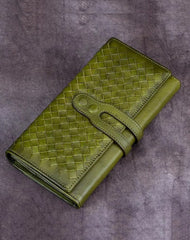 Green Vintage Womens Braided Leather Trifold Long Wallet Brown Phone Clutch Purse for Ladies