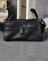 Cool Black Leather Fanny Pack Mens Black Waist Bag Hip Pack Black Belt Bag for Men