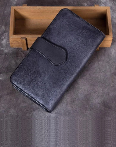 Vintage Gray Mens Leather Long Wallet Bifold Card Wallet Coffee Long Wallet for Men