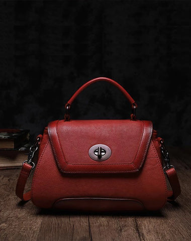 Red Geometric Vintage Womens Handbag Leather Brown Shoulder Handbag Purse for Ladies