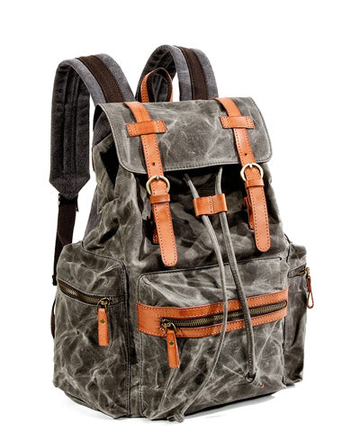 Gray Waxed Canvas Mens Waterproof Large 14‘’ Hiking Backpack Travel Backpack Computer Backpack College Backpack for Men