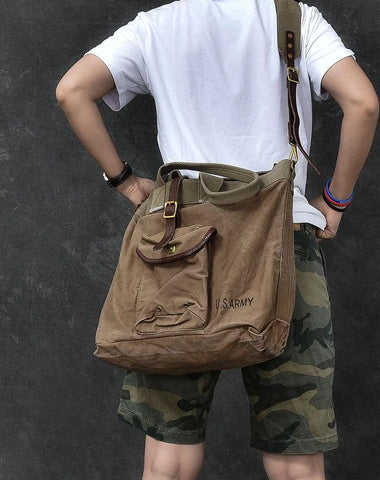 Leather Mens Womens 15" Large Shoulder Bag Army Green Tote Bag Large Side Bag For Men