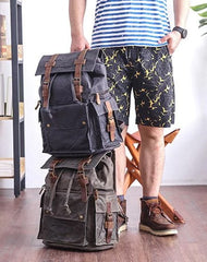 Waxed Canvas Leather Mens Gray Waterproof 15‘’ Large Backpack Travel Backpack College Backpack for Men