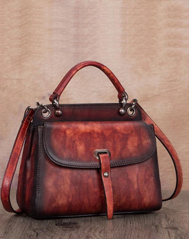 Red Vintage Ladies Leather Square Satchel Handbag Purse Brown SHoulder Bag Side Bag for WOmen